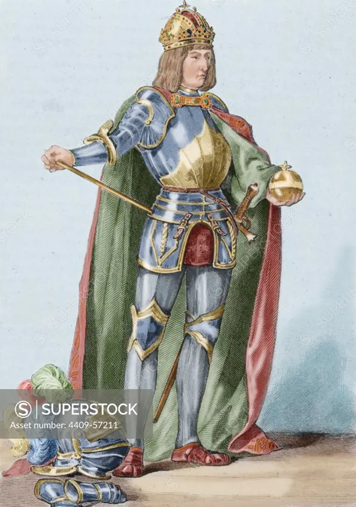 Maximilian I (1459-1519). King of the Romans (also known as King of the Germans) from 1486 and Holy Roman Emperor from 1493 until his death. Colored engraving.