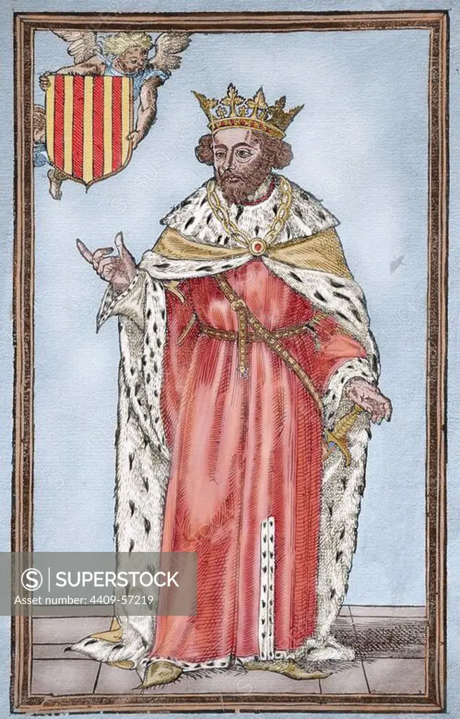 James I The Conqueror (1208-1276). Count of Barcelona and King of Aragon (1213-1276), Valencia (1239-1276) and Majorca (1229-1276). Portrait. Engraving of the First Complete Edition of the "Chronicle" printed by Joan de Mey in Valencia in 1557. Colored.
