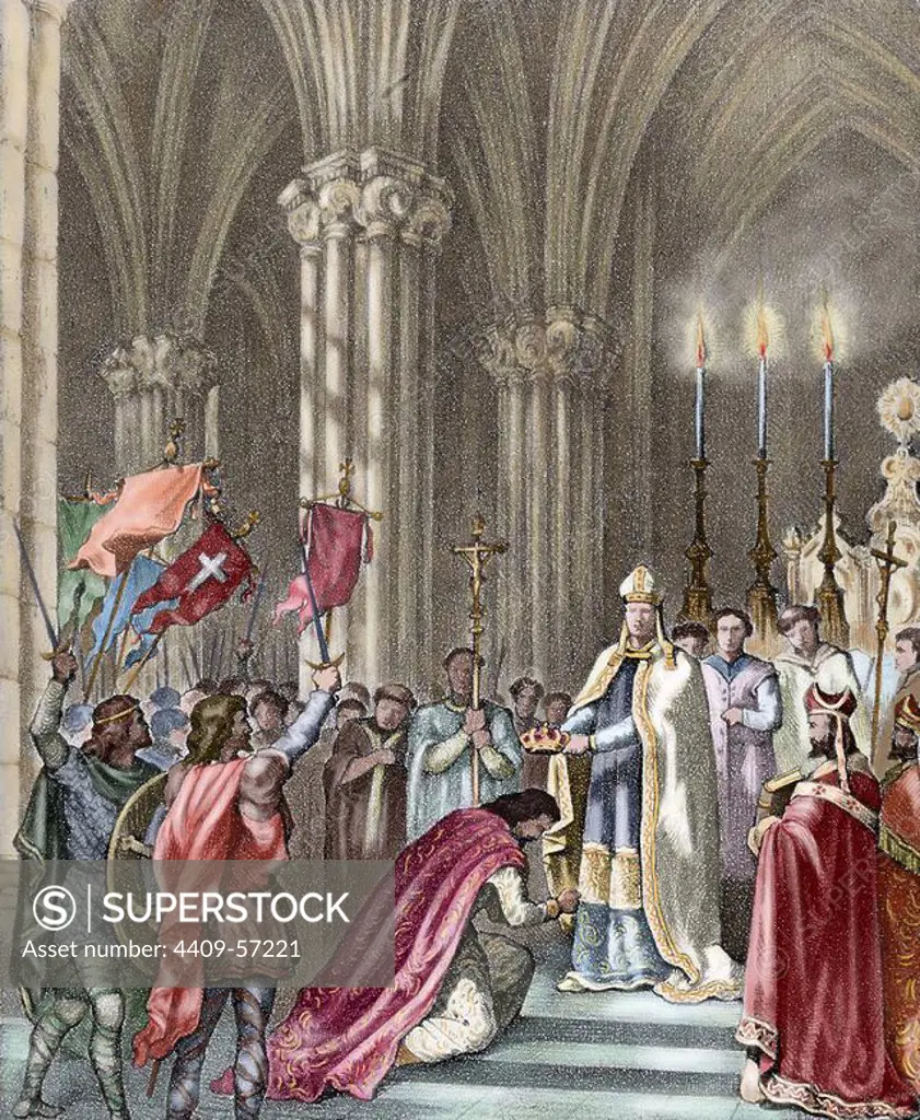 Alfonso VII (1105-1157), called the Emperor. King of Galicia in 1111 and King of Leo_n and Castile in 1126. In 1135 held another investiture in a grand ceremony with his proclamation as Emperor of Spain in the Cathedral of Leon. Colored engraving.