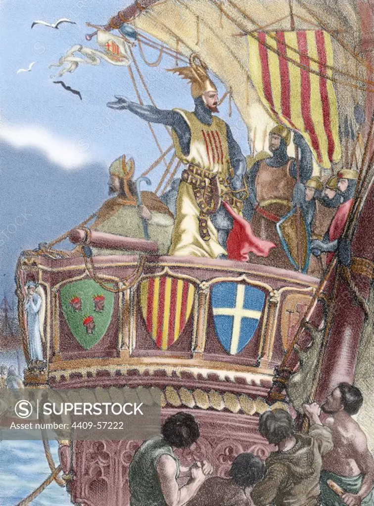 James I The Conqueror (1208-1276). Count of Barcelona and King of Aragon (1213-1276), Valencia (1239-1276) and Majorca (1229-1276). Expedition to Majorca. Nineteenth century colored engraving.