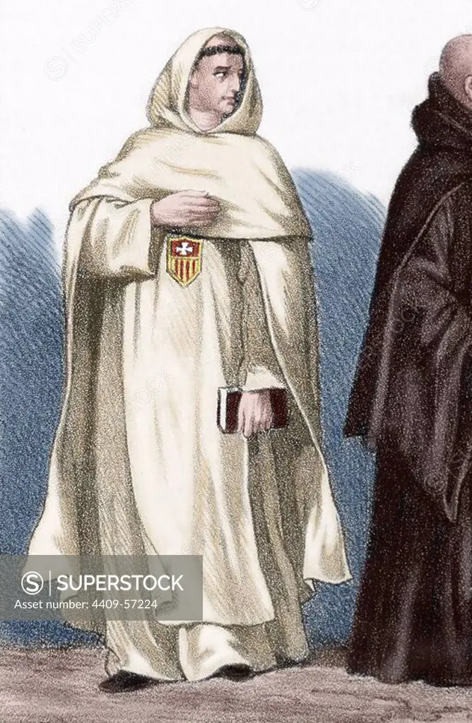 Religious Orders of the Middle Ages. Religious Mercy. Royal and Military Order of Mercy. Colored engraving. 19rh century.