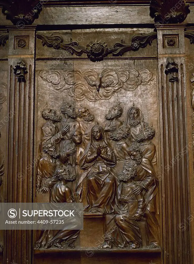 Spain. Navarre. Ujue. Church of Ujue. Wood panelling in the choir. Marian Relief. Pentecost. Rococo style.
