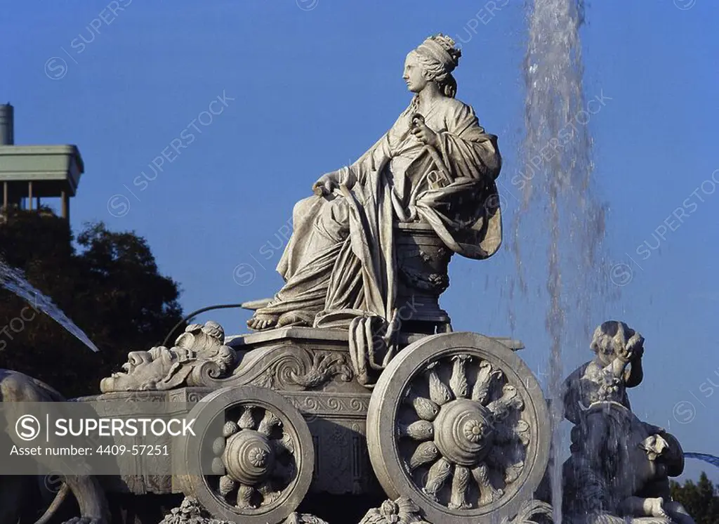 Fountain of Cibeles by Francisco Gutierrez (1727-1782) (the goddess and the chariot). According to the design of Ventura Rodri_guez (1717-1785). Cybele in her chariot drawn by lions. Madrid. Spain.
