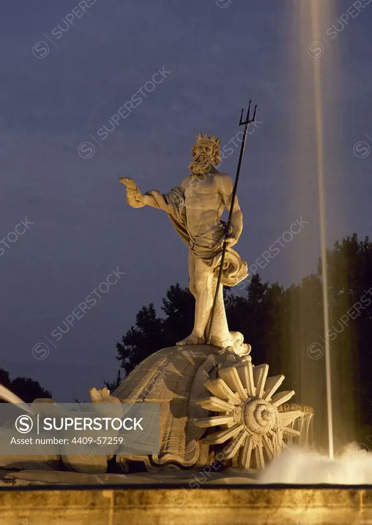 Spain. Madrid. The Neptune Fountain. Built by Juan Pascual de Mena, 1780. In 1786 his disciple Jose Rodriguez finished off the project. Neo-classical. Night Photography.
