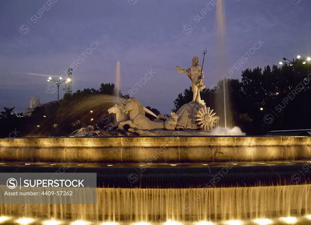 Spain. Madrid. The Neptune Fountain. Built by Juan Pascual de Mena, 1780. In 1786 his disciple Jose Rodriguez finished off the project. Neo-classical. Night Photography.