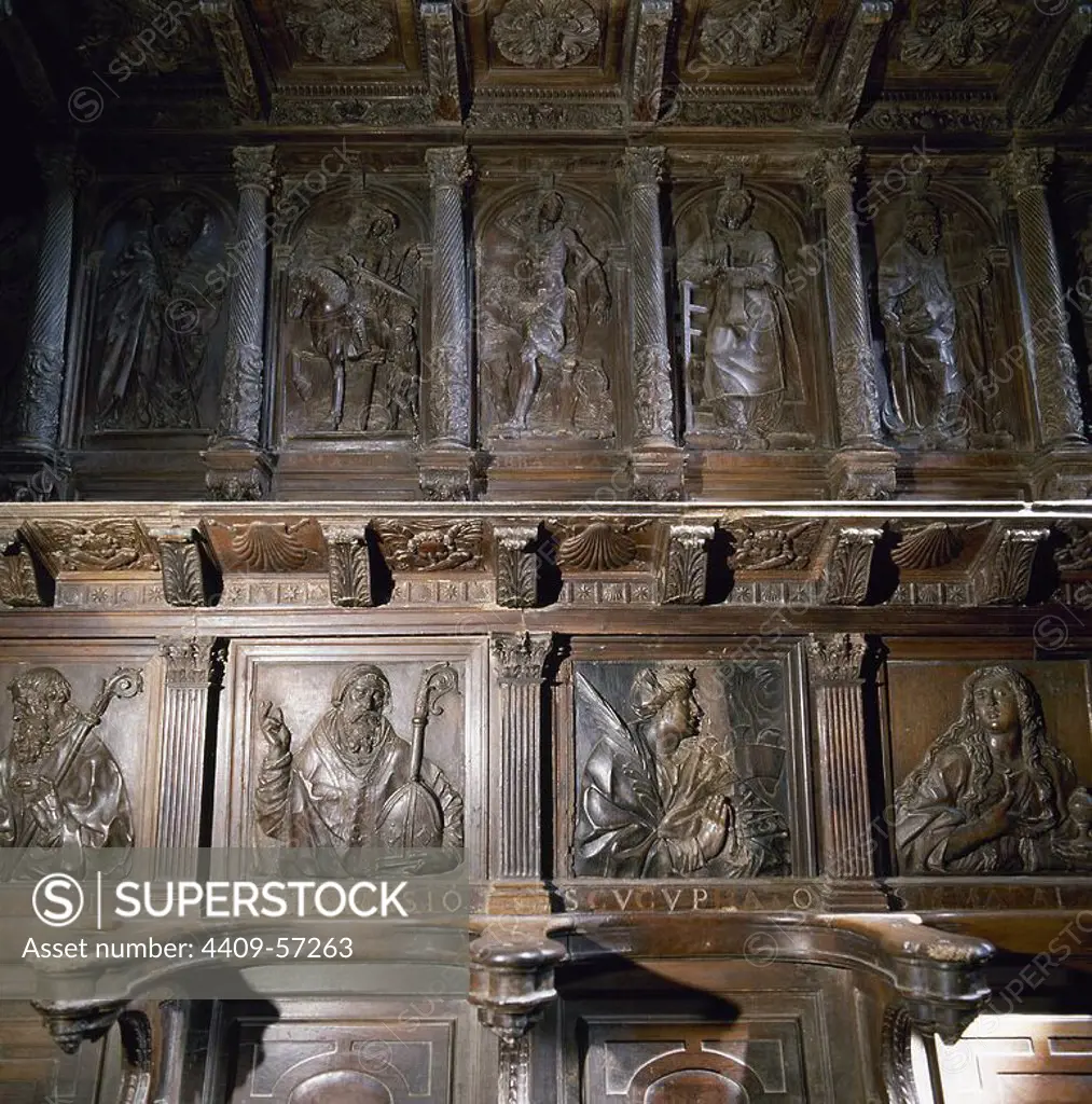 Spain. Galicia. Sobrado de los Monjes. Sobrado Abbey. Founded in the 10th century by the Benedictines. In 1142 re-founded as a Cistercian Monastery. Wood panelling in the choir.