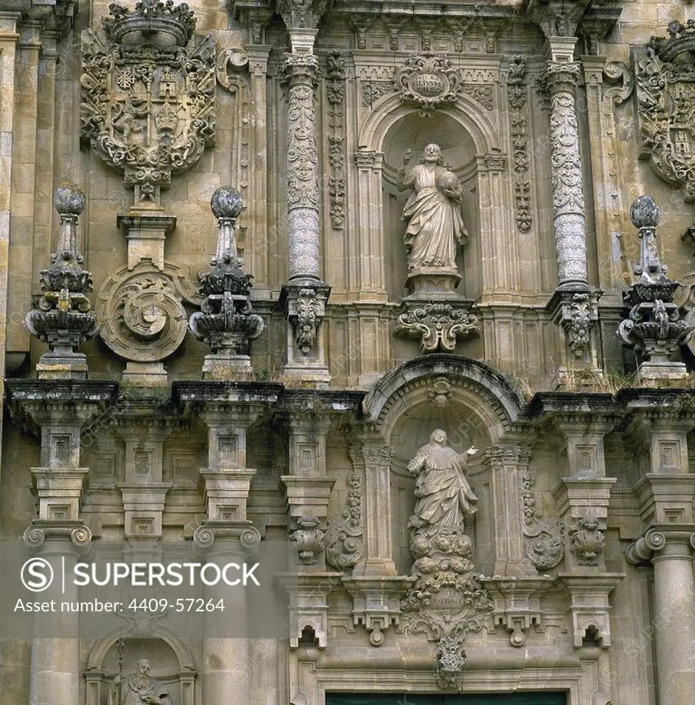 Spain. Galicia. Lorenzana. Church of the Monastery of San Salvador. Detail. Facade. 1732. Baroque style.