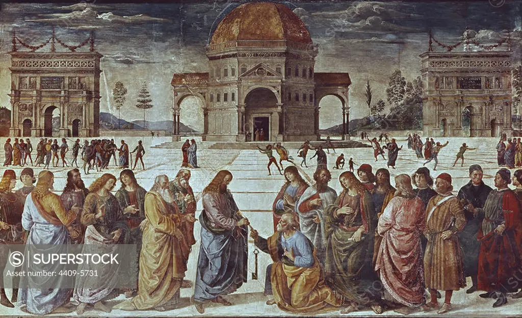 Giving of the Keys to St. Peter, from the Sistine Chapel - 1481 - fresco - Italian Renaissance. Author: PIETRO PERUGINO. Location: MUSEOS VATICANOS-CAPILLA SIXTINA. VATICANO. JESUS. APOSTLE PETER.