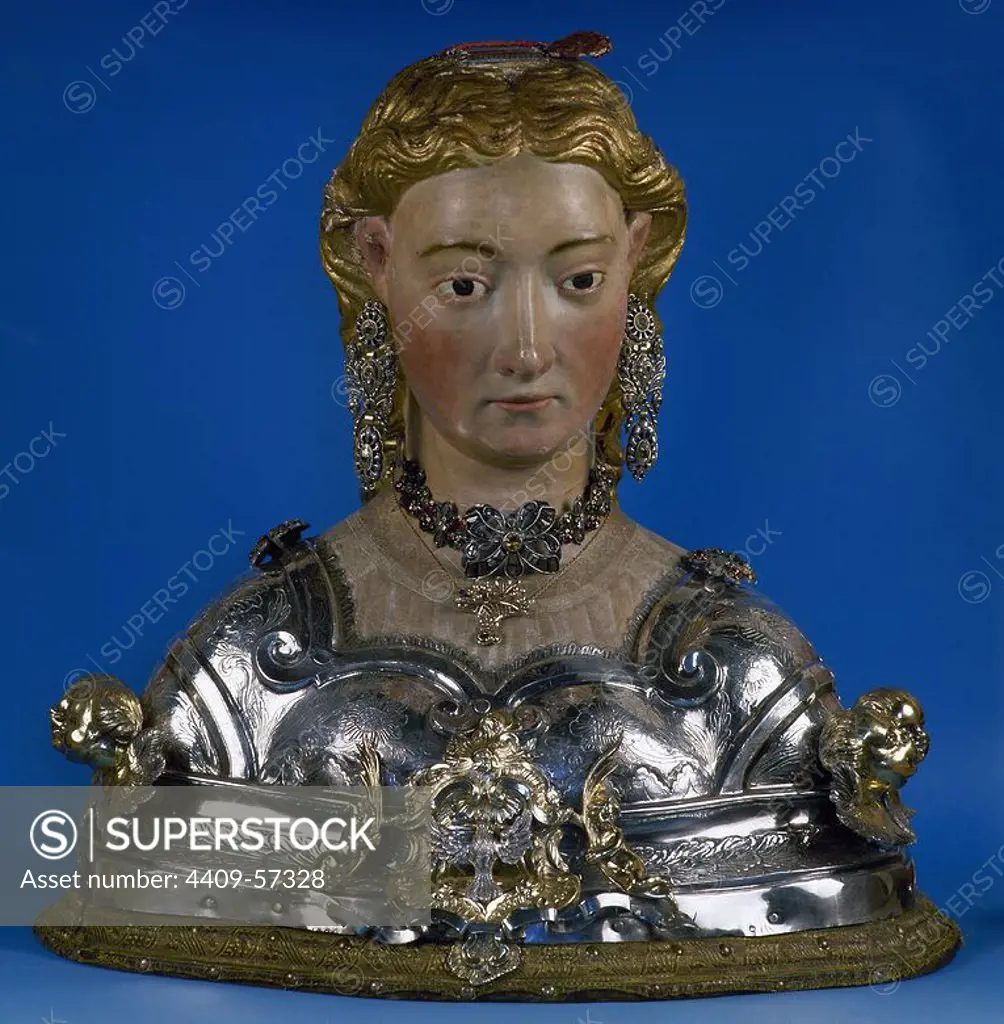 Spain. Catalonia. Santa Coloma de Queralt. Bust reliquary of St. Coloma. By Josep Albarado (1778), master silversmith. Painted silver. Contains the relics of St. Coloma. Neoclassicism. Parochial Church of St. Coloma de Queralt.