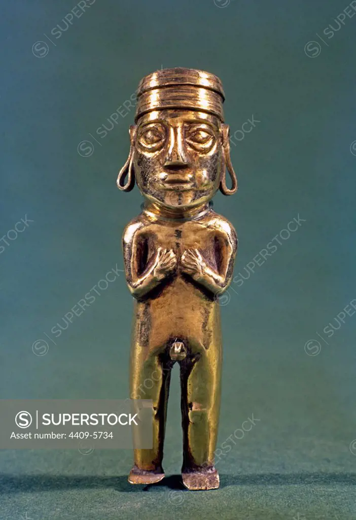 Pre-Columbian Art - Inca culture. High-ranking Peruvian dignitary or Inca Nobleman . 15th-16th centuries. Gold . Madrid, Museum of America, Larrea Collection. Location: MUSEO DE AMERICA-COLECCION. MADRID. SPAIN.