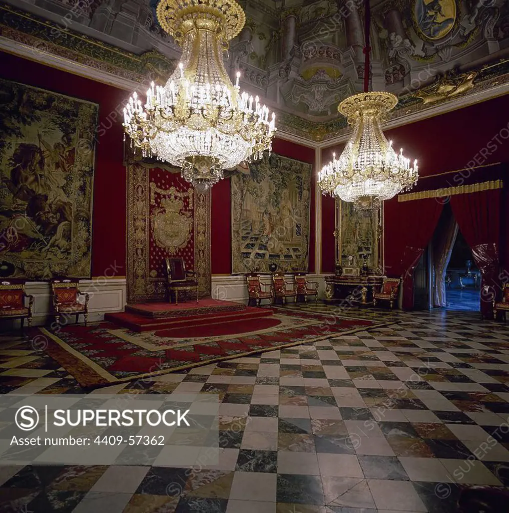 Spain. Castile and Leon. San Ildefonso. Royal Palace of La Granja de San Ildefons. Built for Philip V. 18th Century. Baroque style. Throne Room. Inside.