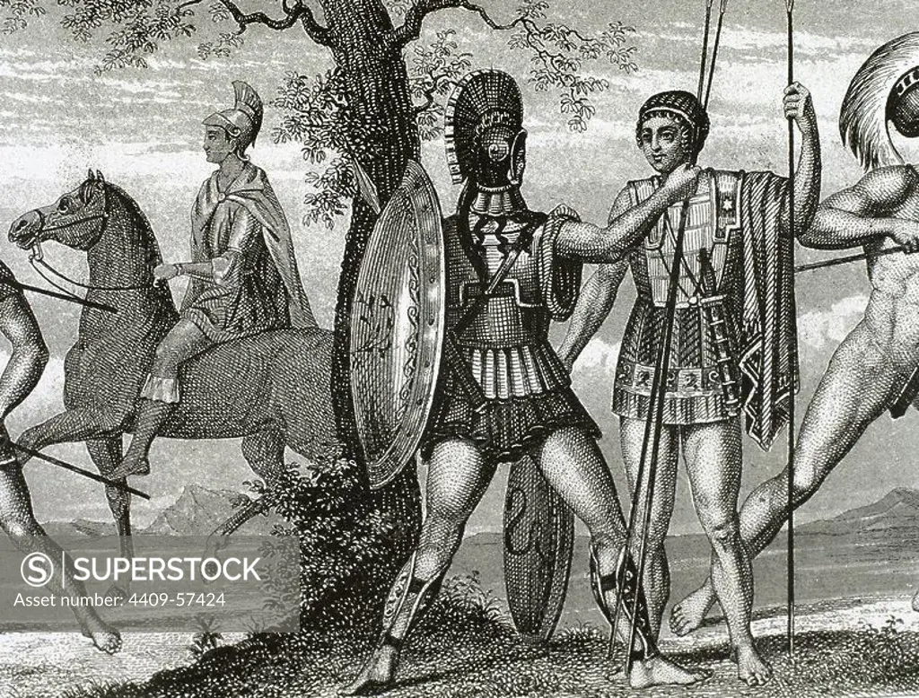 Two Greek soldiers. Hoplite, heavy infantry, with helmet, shield and armor and Helots, unprotected and with javelin. Engraving.