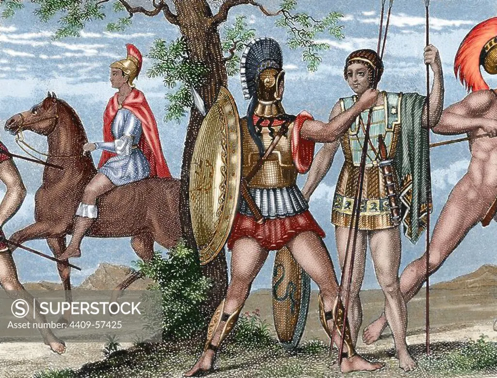 Two Greek soldiers. Hoplite, heavy infantry, with helmet, shield and armor and Helots, unprotected and with javelin. Colored engraving.