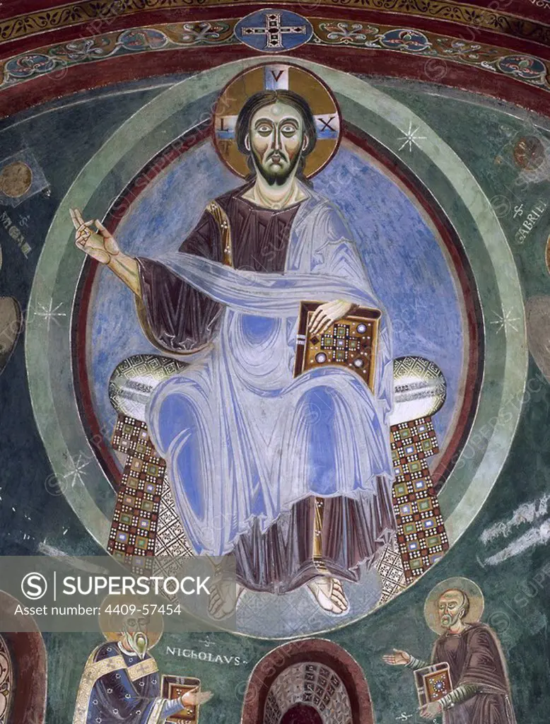 ARTE BIZANTINO. ITALIA (S. XI). Detalle del fresco de la bóveda de la CAPILLA DE SAN ELDRADO Y SAN NICOLAS (s. XI), donde aparece representado CRISTO "PANTOCRATOR". Abadía Benedictina de Novalesa. Provincia de Turín. Italia.