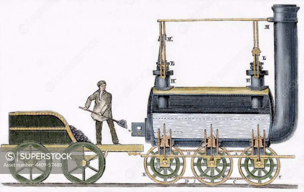 Locomotive designed in 1814 by British engineer and inventor George Stephenson (1781-1848). Nineteenth-century engraving. Colored.
