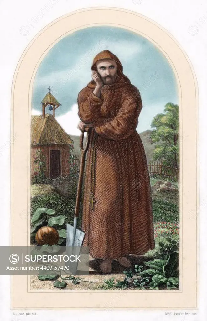 St. Fiacre. Irish hermit monk born in 7th century. Patron of gardeners. Nineteenth century colored engraving.