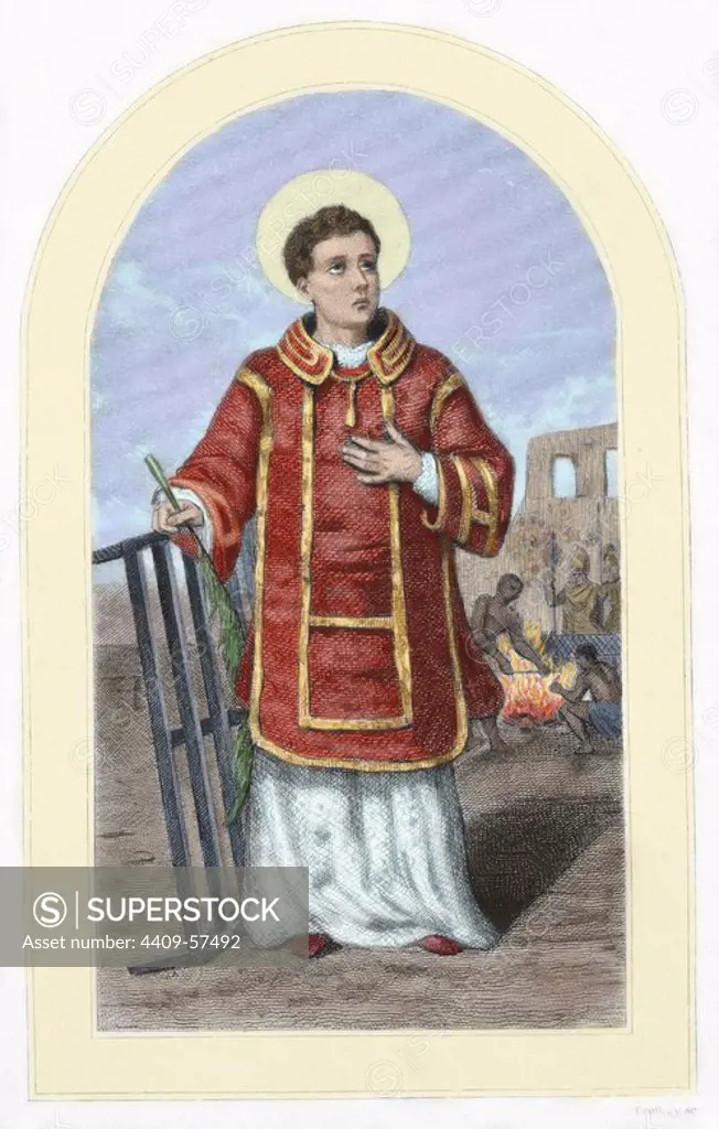 St. Lawrence of Rome (c. 225-258). Colored engraving. 19th century.