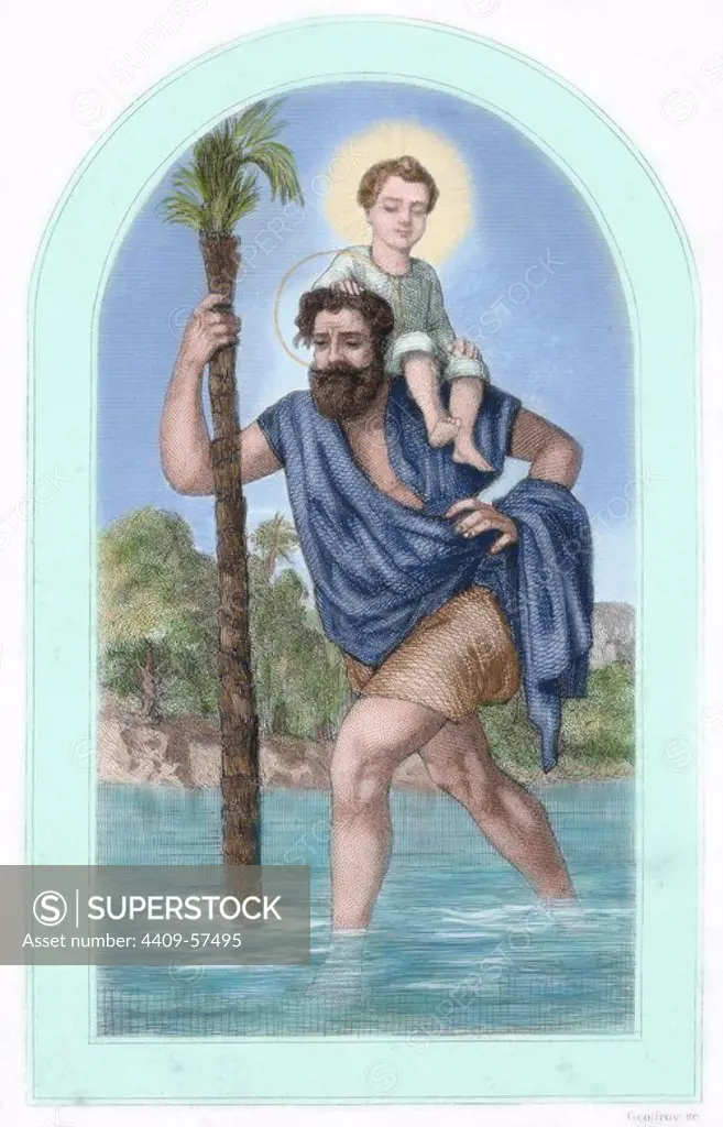 Saint Christopher Carrying the Christ Child. 3rd century. Colored engraving. 19th century.