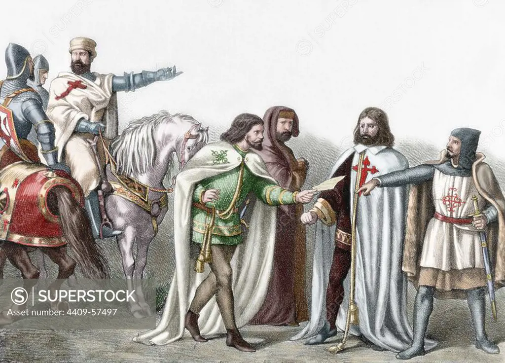 Military Orders. 12th century. From left to right: Knights Templar, Alcantara, Calatrava and Order of Santiago. 19th Century Engraving. Colored.