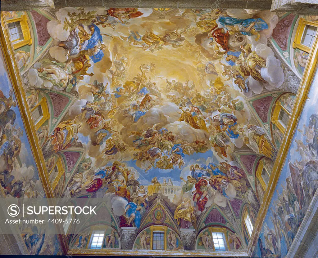 Frescos. Dome of the main stairs: Glory with St/ Lawrence Praying the Trinity. El Escorial Monastery. Author: LUCA GIORDANO. Location: MONASTERIO-PINTURA. SAN LORENZO DEL ESCORIAL. MADRID. SPAIN.