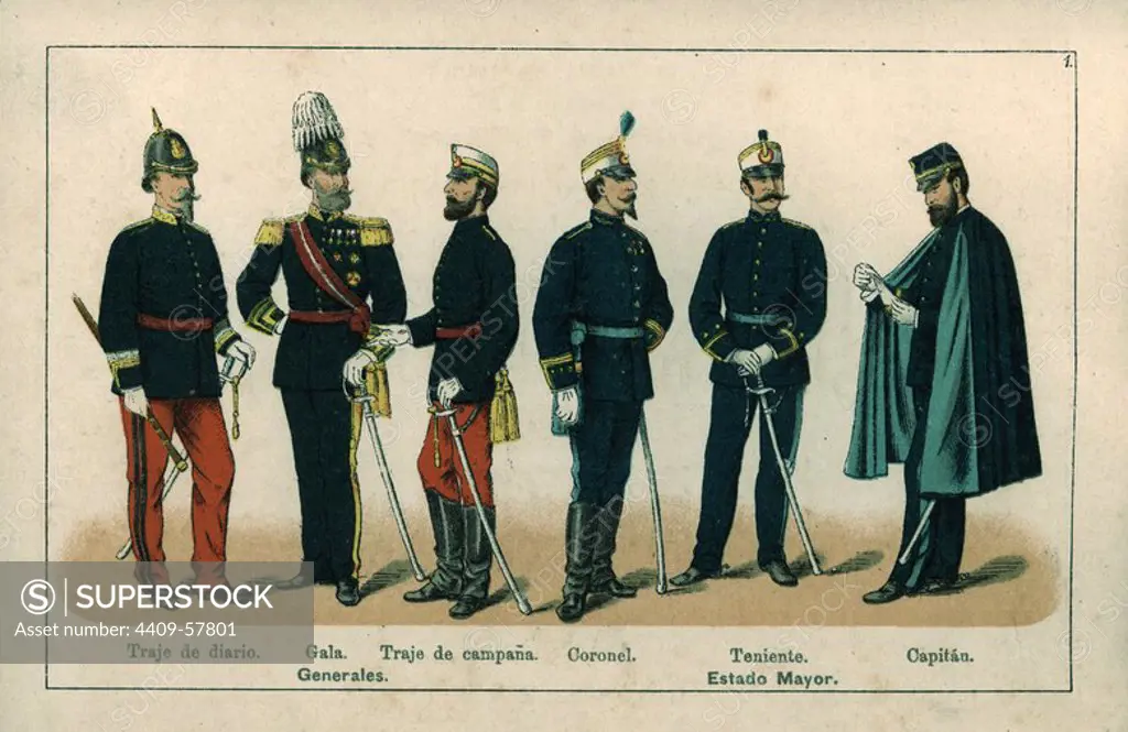 Uniformes del Ejército español. Año 1888. Generales y Estado Mayor.