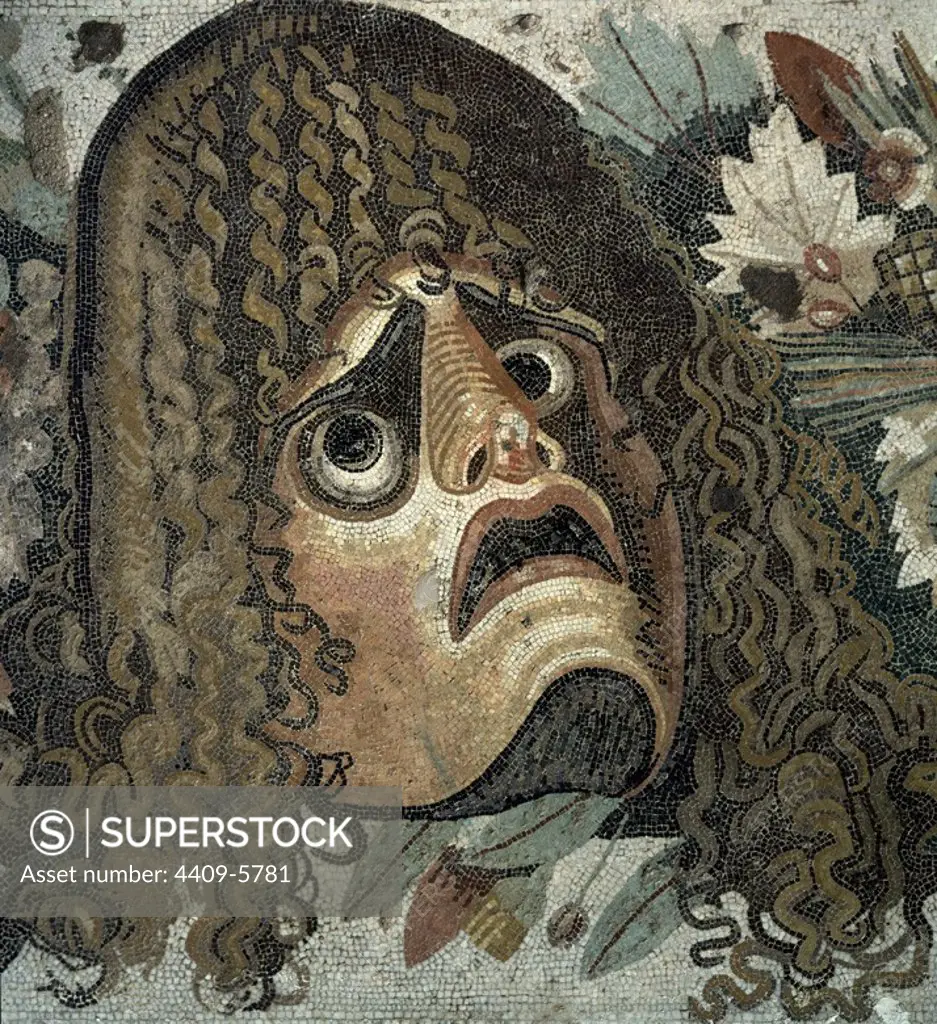 Roman Mosaic - tragedy mask. Location: NATIONAL MUSEUM OF ARCHAEOLOGY. NEAPEL. ITALIA.