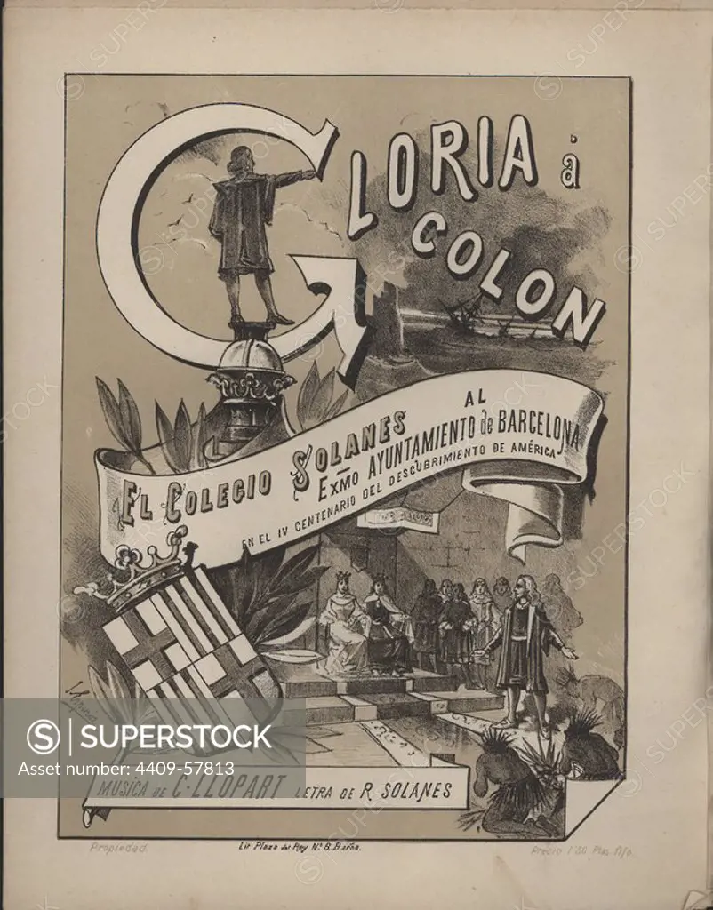 Partitura musical del himno GLORIA A COLON de C. Llopart. Editada en Barcelona en 1892.