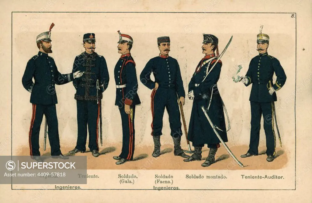 Uniformes del Ejército español. Año 1888. Ingenieros y Teniente auditor.