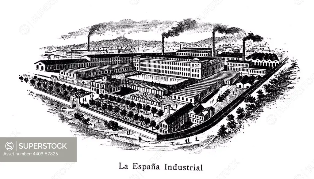 La España Industrial. Fábrica de tejidos e hilaturas. Grabado de 1905.