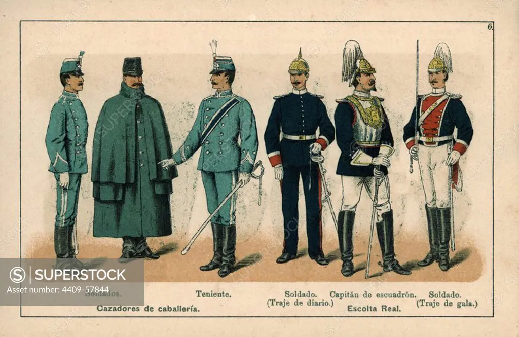 Uniformes del Ejército español. Año 1888. Cazadores de Caballería y escolta Real.