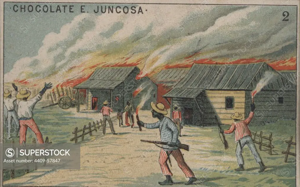 Guerra de Cuba (1896-1898). Incendio de un poblado por los insurrectos cubanos.