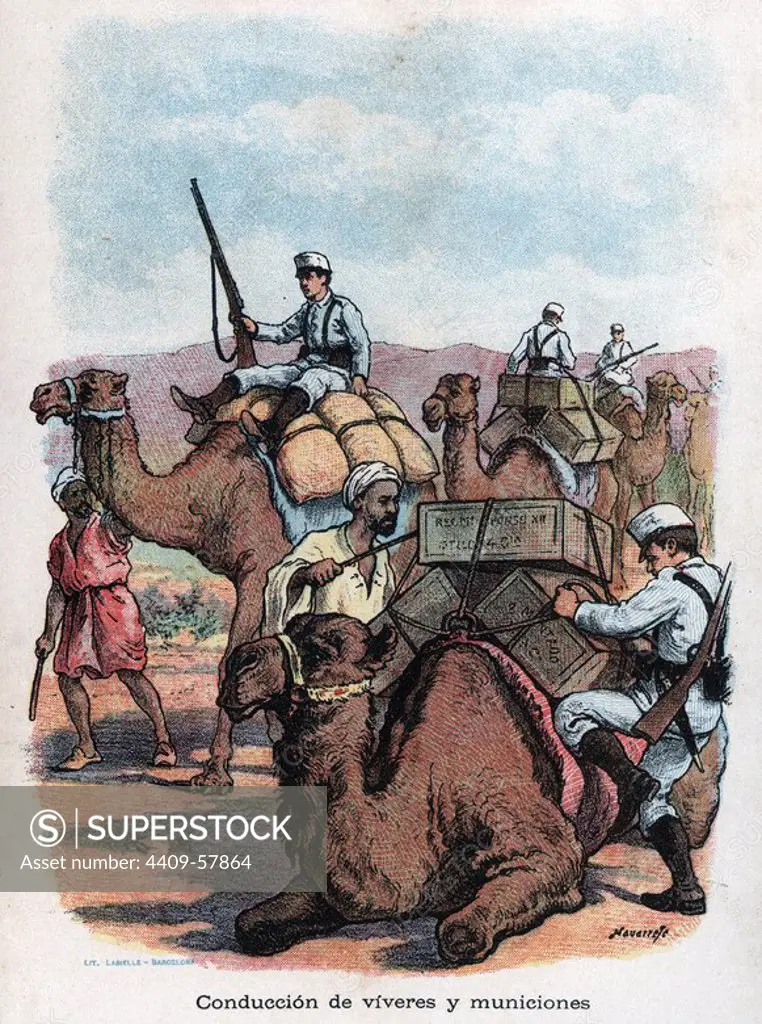 España. Campaña de Marruecos de 1909. Conducción de víveres y municiones. Dibujo de Navarrete, año 1910.