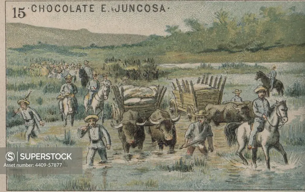 Guerra de Cuba (1896-1898). Convoy español pasando el río Cauto.