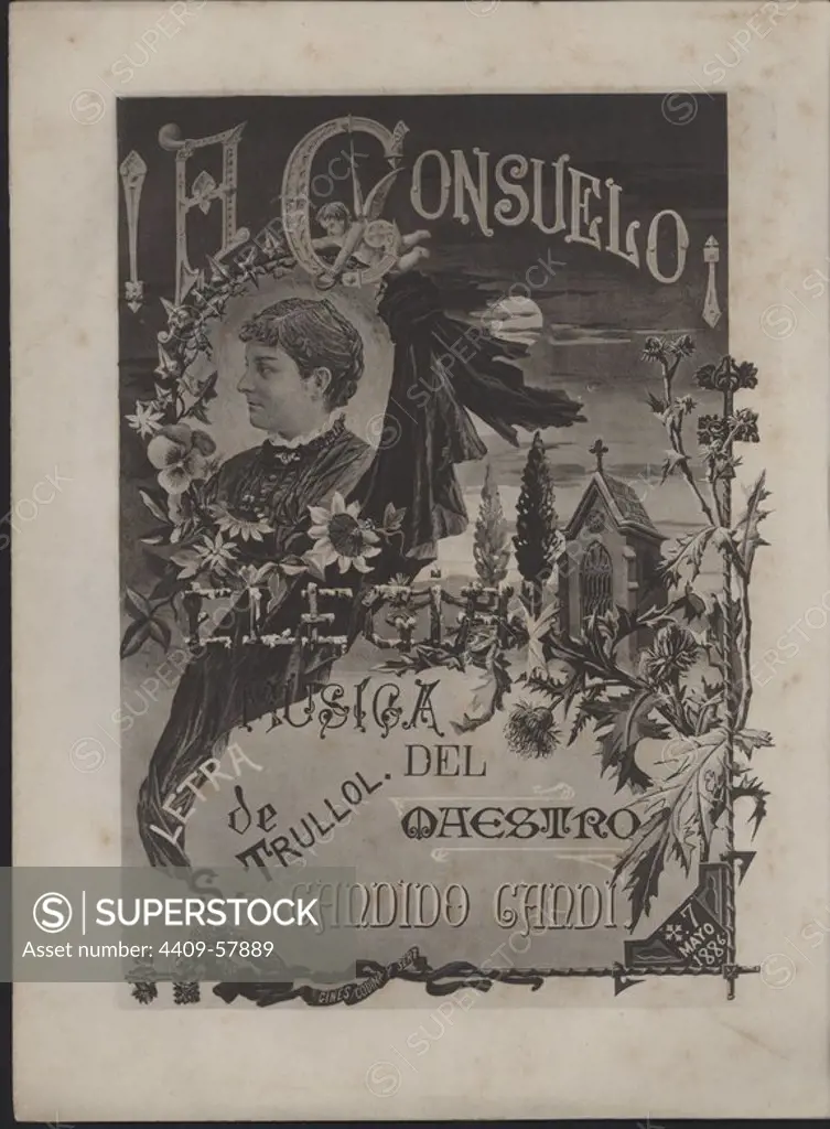 España. Portada de la partitura !A Consuelo¡, elegia del maestro Cándido Candi. Editada en Barcelona en 1886.