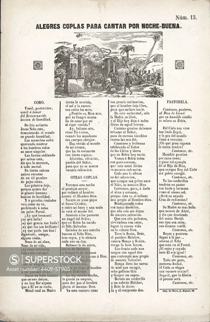Estampería popular. Grabado Alegres coplas para cantar por nochebuena. Manresa, 1873.
