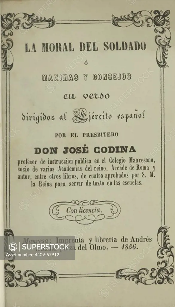 Libro "La moral del soldado" por el presbítero José Codina. Impreso en Manresa por Andrés de Abadal en 1856.