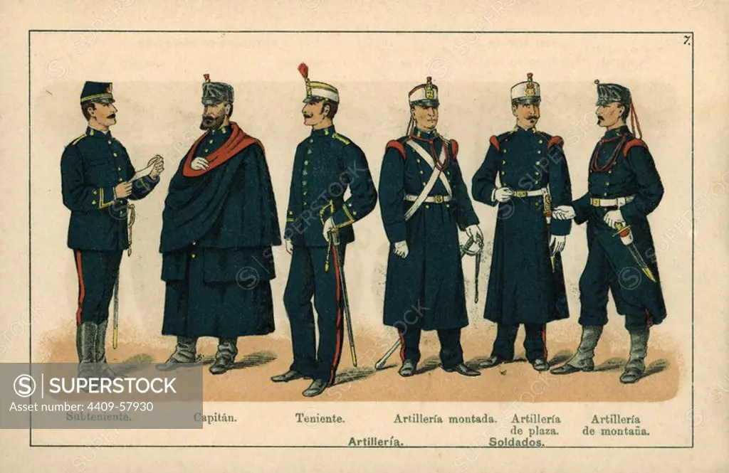 Uniformes del Ejército español. Año 1888. Artillería y Artillería de montaña.