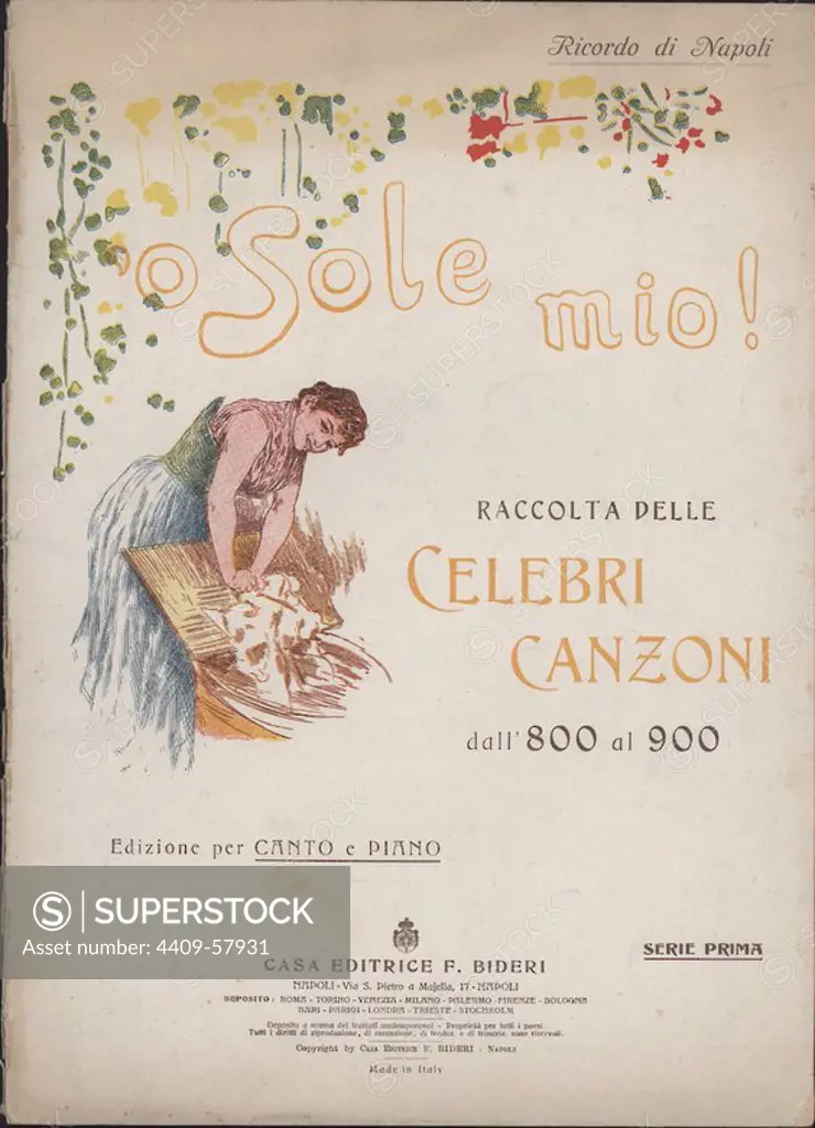 Portada de la partitura musical O SOLE MIO, musica de E. Di Capua. Impresa en Napoles en 1952.