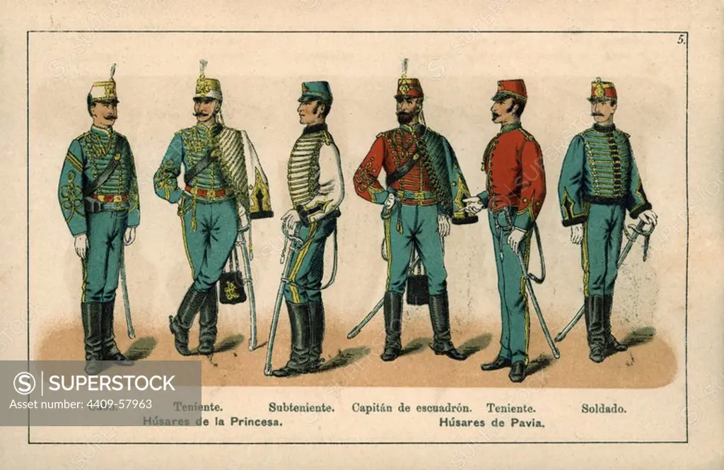 Uniformes del Ejército español. Año 1888. Húsares de la Princesa y de Pavía.