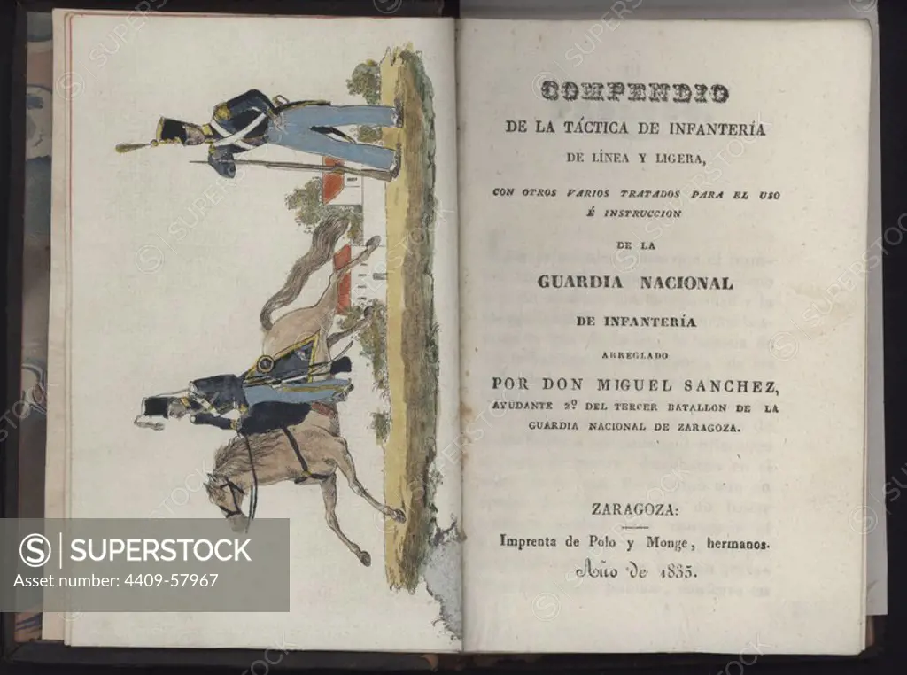 Compendio de la táctica de infantería de línea y ligera, e instrucción de la Guardia nacional. Impresa en Zaragoza, 1835.