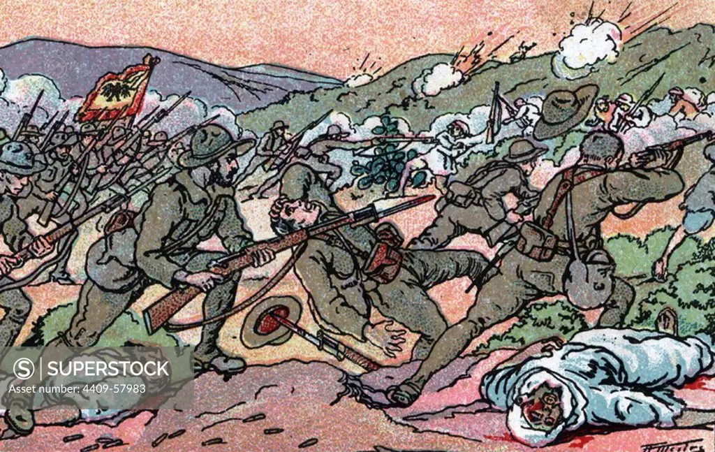Guerra de Marruecos (1911-1927). Asalto a las trincheras enemigas por los legionarios en la toma de Zeruan. Dibujo de A. Mestres.