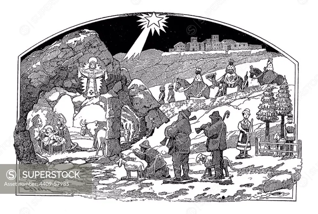 Representación del nacimiento de Jesús en Belén. Dibujo de Cuchy. Grabado de 1905.