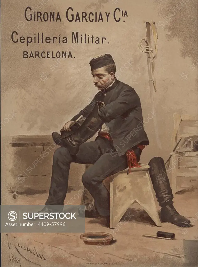 Publicidad de Cepilleria Militar de la Casa GIRONA GARCIA Y CIA. de Barcelona. Pintura de José Cusachs y Cusachs (Montpeller, 1851-Barcelona, 1908) de 1889. Soldado limpiando botas.