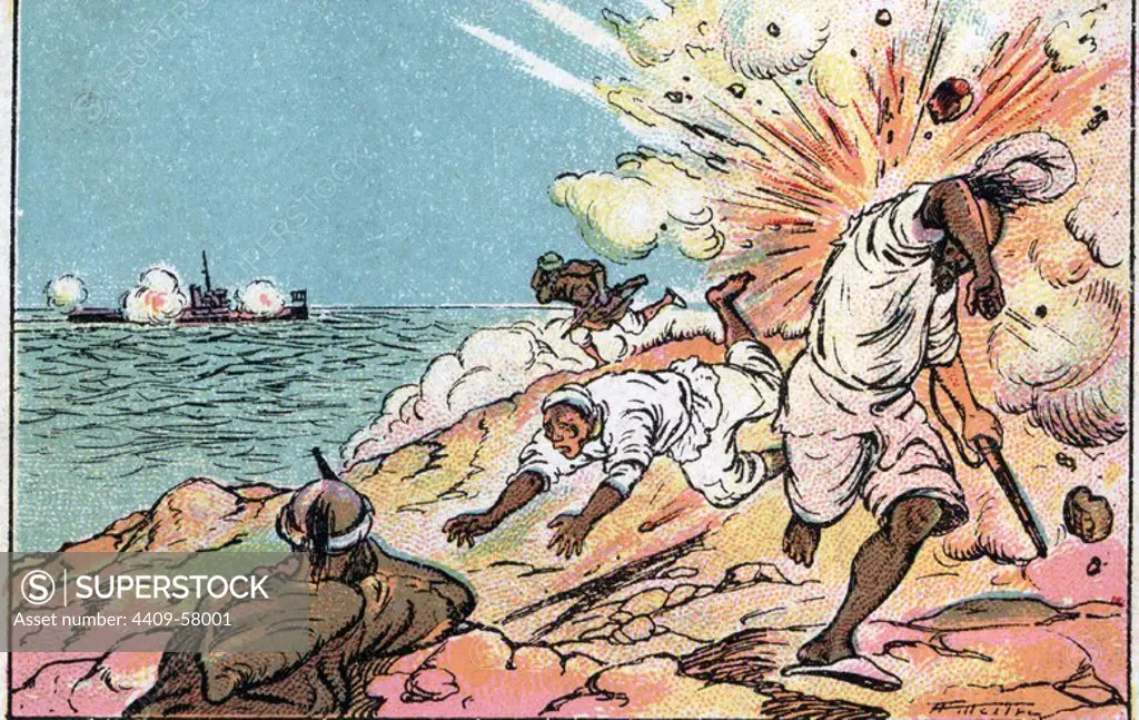 Guerra de Marruecos (1911-1927). Ofensiva Franco-Española. Destructor francés vigilando y bombardeando el cabo Quilates. Dibujo de A. Mestres.