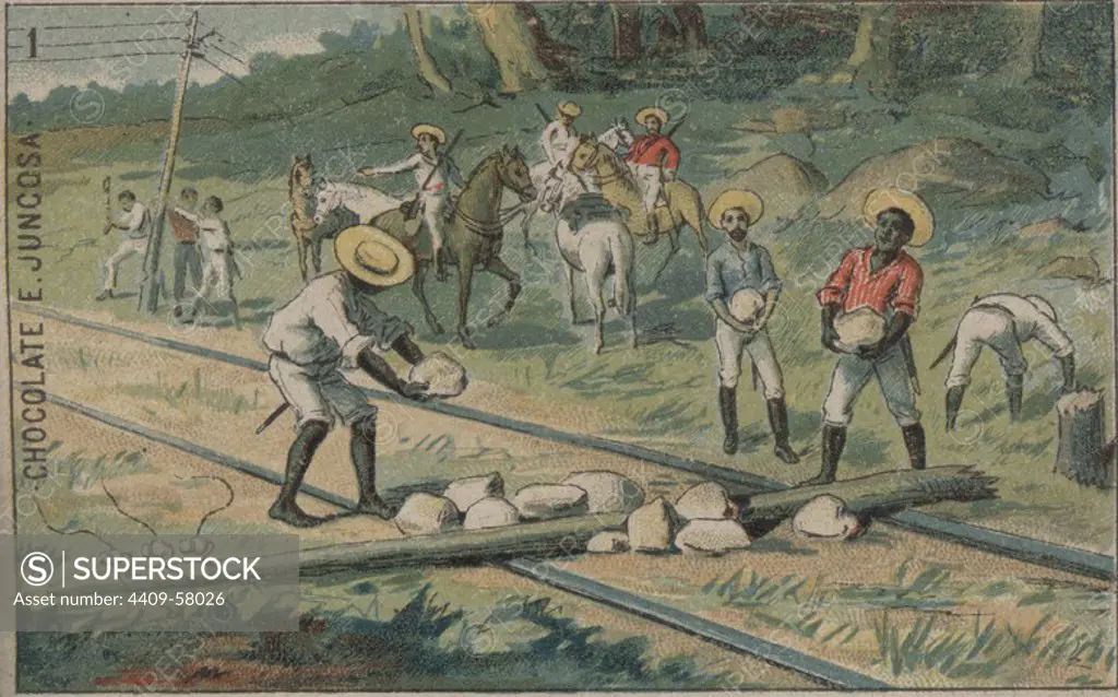 Guerra de Cuba (1896-1898). Rebeldes cubanos interrumpiedo las comunicaciones ferroviarias. Dibujo de 1896.