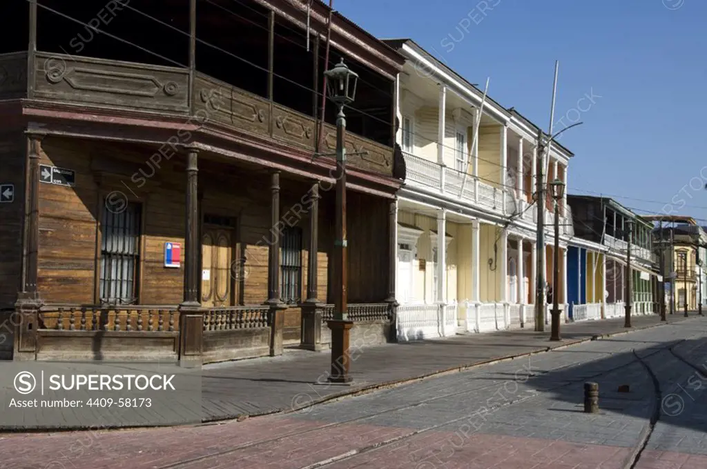 Chile. Iquique city. Baquedano street. Traditional houses..