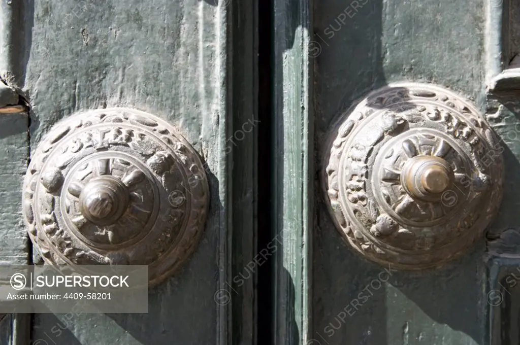 Peru. Cusco city. Church of La Merced.Detail of the door.