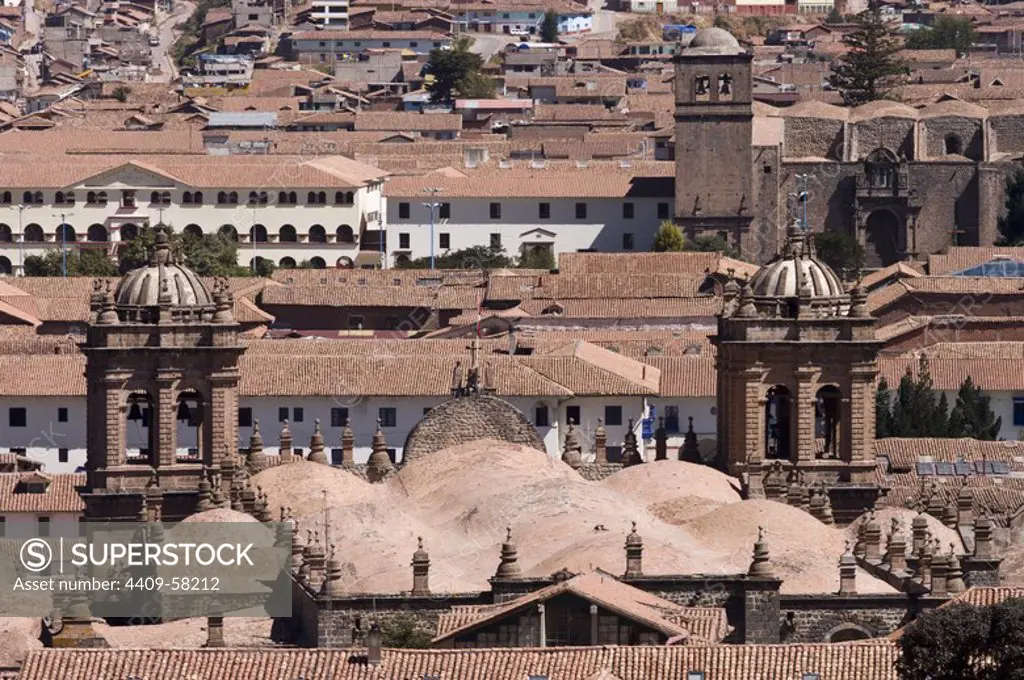 Peru. Cusco city. Overview of historical center. Church La Compañia and La Merced, The Catedral. World Heritage Site.