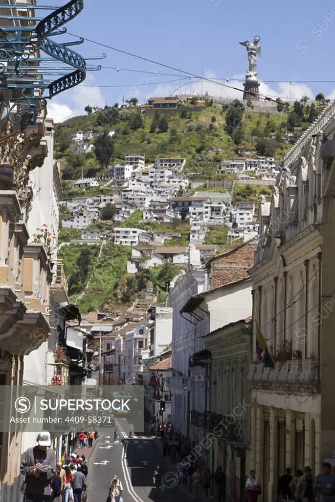 Ecuador.Quito.Historical center.Street Guayaquil and The Panecillo With Virgin of Quito..
