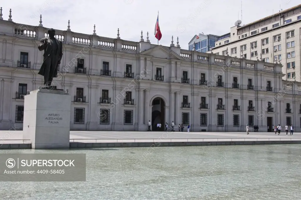 Santiago de Chile city. Constitution Square and the Palace of the Moneda(1784-1805). House of Chilean Government..